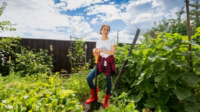 jong persoon met schop in een moestuin