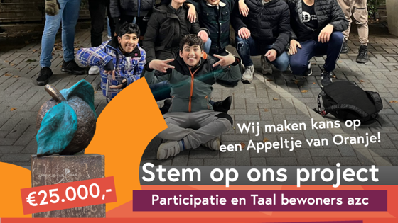 flyer met kinderen Stem op ons projet Participatie en taal bewoners azc