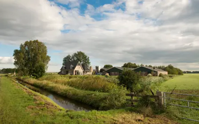 landschap met boerderij, sloot, weilanden, hekken, bomen